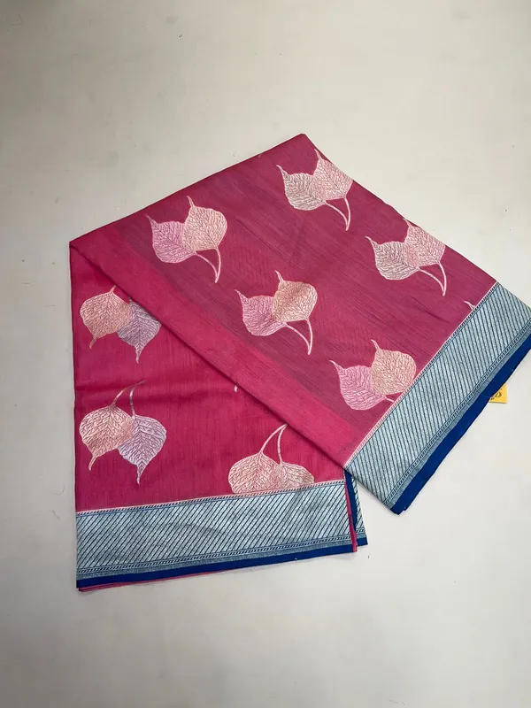 Humairah_Presents_Baby_Pink_Tussar_Silk_Floral_Sona_Rupa_Leaf_Boota_with_Contrast_Blue_Banarasi_Pallu_Zari_Border_and_Blue_Blouse