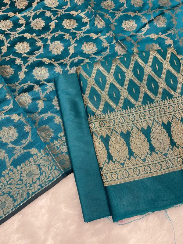 Humairah_Dark_Seagreen_Art_Silk_Diagonal_Zari_Zig-Zag_Stripe_3_pcs_Suit_set_with_Plain_Bottom_and_Tilfi_Floral_Zari_Diagonal_Dark_Seagreen_Dupatta