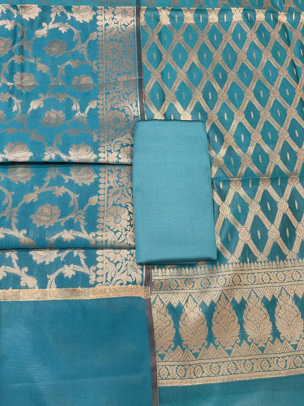 Humairah_Dark_Seagreen_Art_Silk_Diagonal_Zari_Zig-Zag_Stripe_3_pcs_Suit_set_with_Plain_Bottom_and_Tilfi_Floral_Zari_Diagonal_Dark_Seagreen_Dupatta