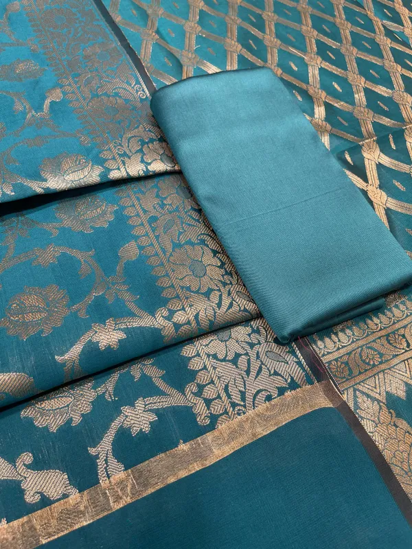 Humairah_Dark_Seagreen_Art_Silk_Diagonal_Zari_Zig-Zag_Stripe_3_pcs_Suit_set_with_Plain_Bottom_and_Tilfi_Floral_Zari_Diagonal_Dark_Seagreen_Dupatta