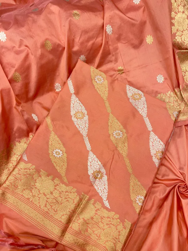 Pure_Handloom_Peach_Katan_Silk_Gold_and_Silver_Zari_Aada_Stripe_Kadhwa_Banarasi_3_pcs_Suit_Set