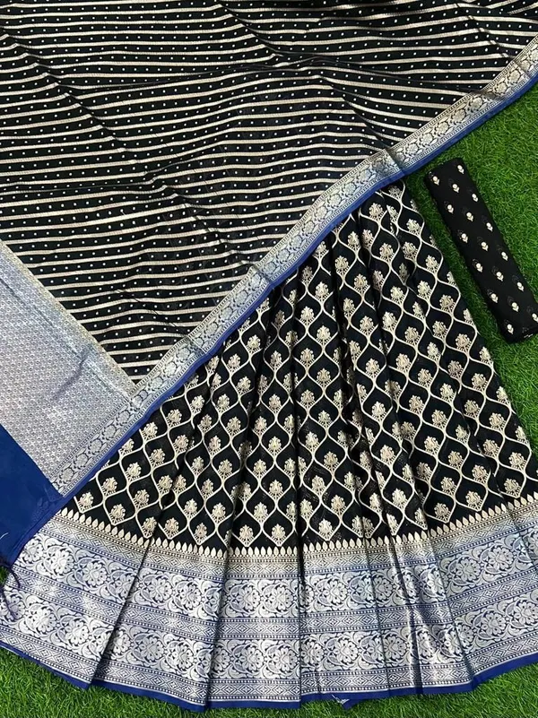 Jet_Black_Chanderi_Lehenga_Set_With_Leheriya_Indigo_Blue_Border_Dupatta_250PNJ_LNG29