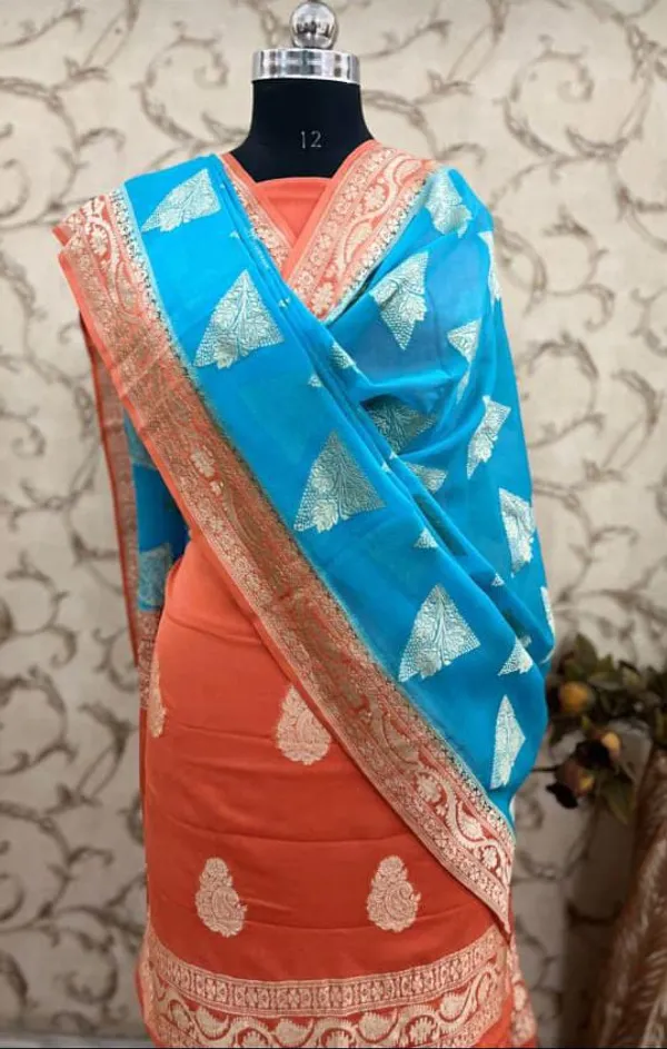 Pure_Handloom_Orange_Khaddi_Georgette_Paisley_Zari_Boota_Banarasi_Suit_Set__with_Contrast_Blue_Dupatta_Suit_Set_6500SKL_KG16