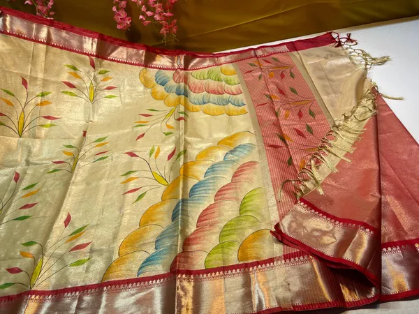Gold_Tissue_Silk_Handbrush_Painted_Floral_Boota_with_Contrast_Red_Border_MS_TS2
