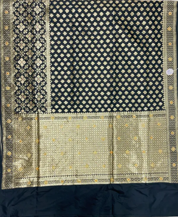 Humairah_Presents_Black_Satin_Silk_Floral_Zari_Booti_Heavy_Stone_Work_Banarasi_Saree_with_Checkered_Pallu_Skirt_Zari_and_Black_Blouse