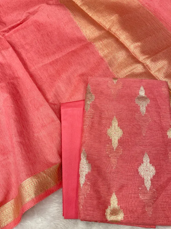 Pink_Linen_Dupion_Booti_With_Contrast_Dye_Dupatta_Banarasi_3_Pcs_Suit_Set_Skl_Ln20