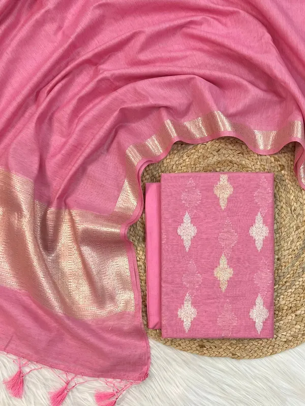 Pink_Linen_Dupion_Booti_With_Contrast_Dye_Dupatta_Banarasi_3_Pcs_Suit_Set_Skl_Ln20