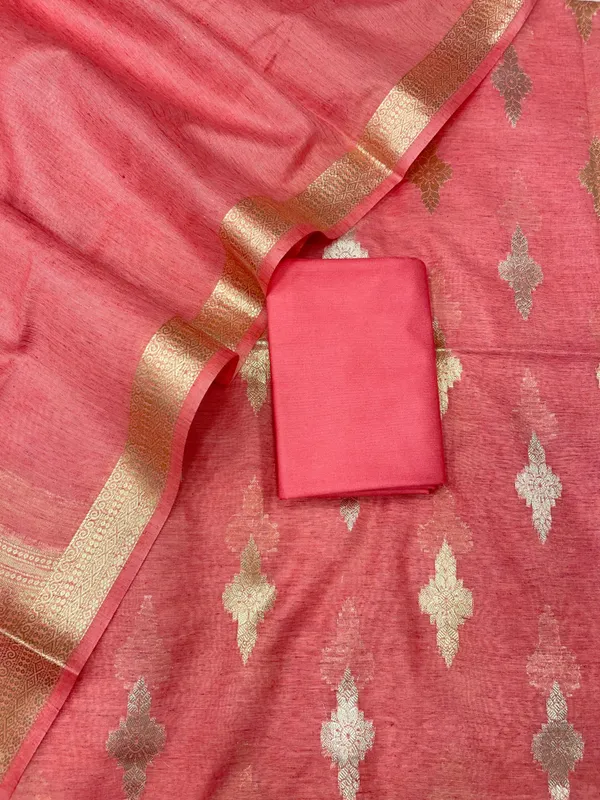 Pink_Linen_Dupion_Booti_With_Contrast_Dye_Dupatta_Banarasi_3_Pcs_Suit_Set_Skl_Ln20