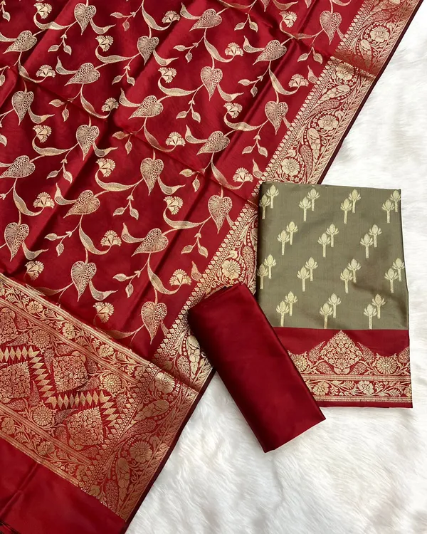 Tussar_Katan_Silk_Floral_Zari_Booti_Contrast_Red_Daman_Banarasi_Suit_with_Red_Zari_Jaal_Dupatta_1050ASG_BS2