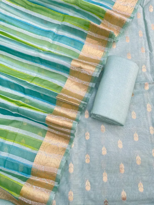 Sea_Green_Chanderi_Floral_Zari_Booti_With_Handbrush_Stripe_Dupatta_Banarasi_3Pcs_Suit_Set_Skl_Cs5