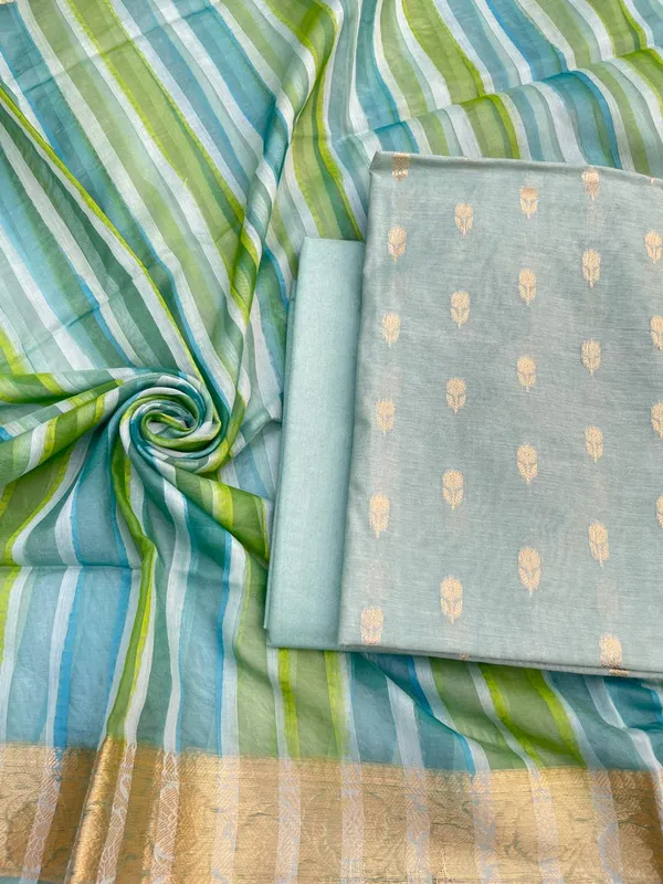 Sea_Green_Chanderi_Floral_Zari_Booti_With_Handbrush_Stripe_Dupatta_Banarasi_3Pcs_Suit_Set_Skl_Cs5