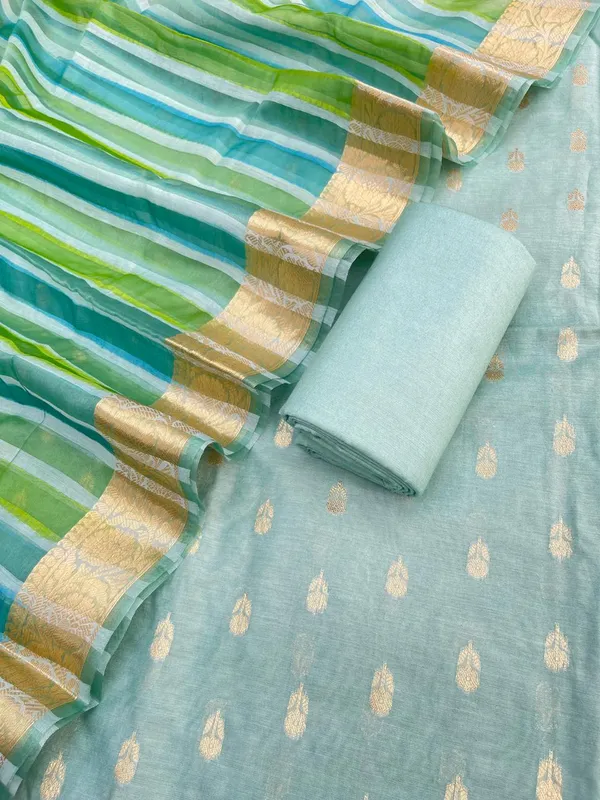 Sea_Green_Chanderi_Floral_Zari_Booti_With_Handbrush_Stripe_Dupatta_Banarasi_3Pcs_Suit_Set_Skl_Cs5