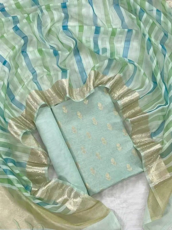 Sea_Green_Chanderi_Floral_Zari_Booti_With_Handbrush_Stripe_Dupatta_Banarasi_3Pcs_Suit_Set_Skl_Cs5