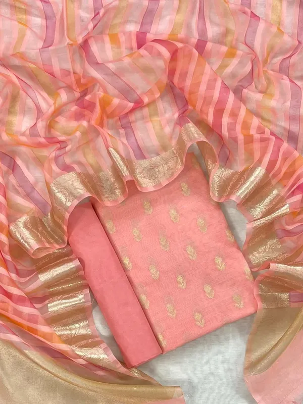 Peach_Chanderi_Floral_Zari_Booti_With_Handbrush_Stripe_Dupatta_Banarasi_3Pcs_Suit_Set_Skl_Cs1