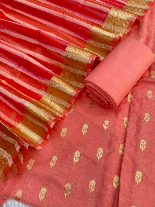 Peach_Chanderi_Floral_Zari_Booti_With_Handbrush_Stripe_Dupatta_Banarasi_3Pcs_Suit_Set_Skl_Cs1