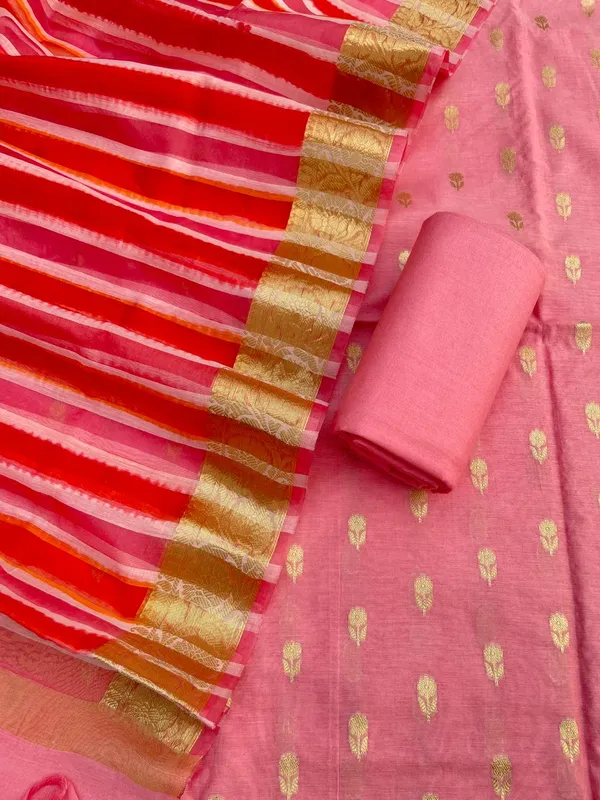 Peach_Chanderi_Floral_Zari_Booti_With_Handbrush_Stripe_Dupatta_Banarasi_3Pcs_Suit_Set_Skl_Cs1