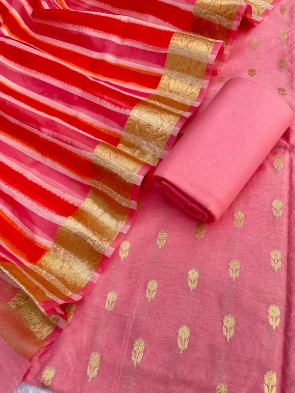 Peach_Chanderi_Floral_Zari_Booti_With_Handbrush_Stripe_Dupatta_Banarasi_3Pcs_Suit_Set_Skl_Cs1