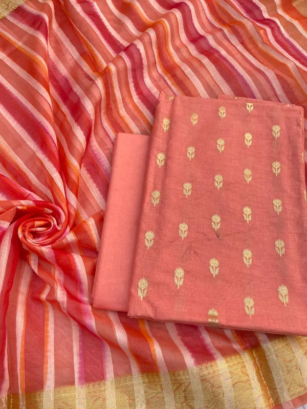Peach_Chanderi_Floral_Zari_Booti_With_Handbrush_Stripe_Dupatta_Banarasi_3Pcs_Suit_Set_Skl_Cs1