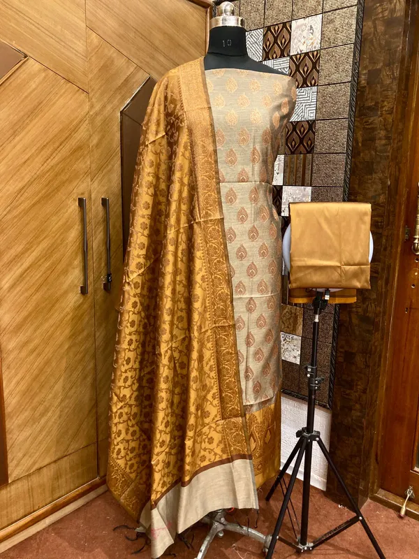 Tussar_Cotton_weave_Zari_Booti_Contrast_Mustard_Border_Banarasi_Suit_600SKL_CT1