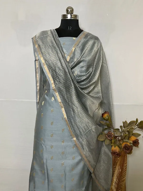 Grey_Mercerize_Silk_Chunri_Booti_With_Tissue_Silk_Dupatta_Banarasi_3_Pcs_Suit_Set_Skl_Ms14