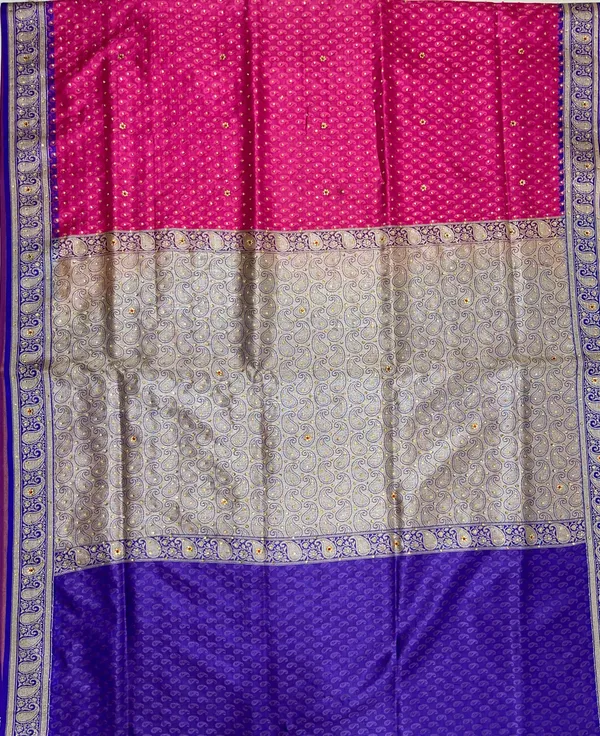 Humairah_Presents_Pink_Tanchoi_Silk_Low_Stone_Work_with_Contrast_Purple_Pallu_Zari_Border_and_Purple_Blouse