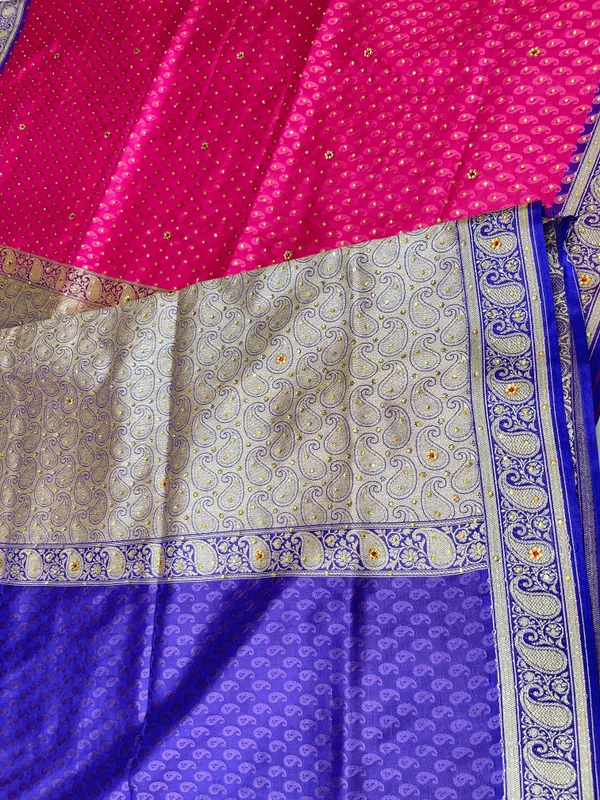 Humairah_Presents_Pink_Tanchoi_Silk_Low_Stone_Work_with_Contrast_Purple_Pallu_Zari_Border_and_Purple_Blouse