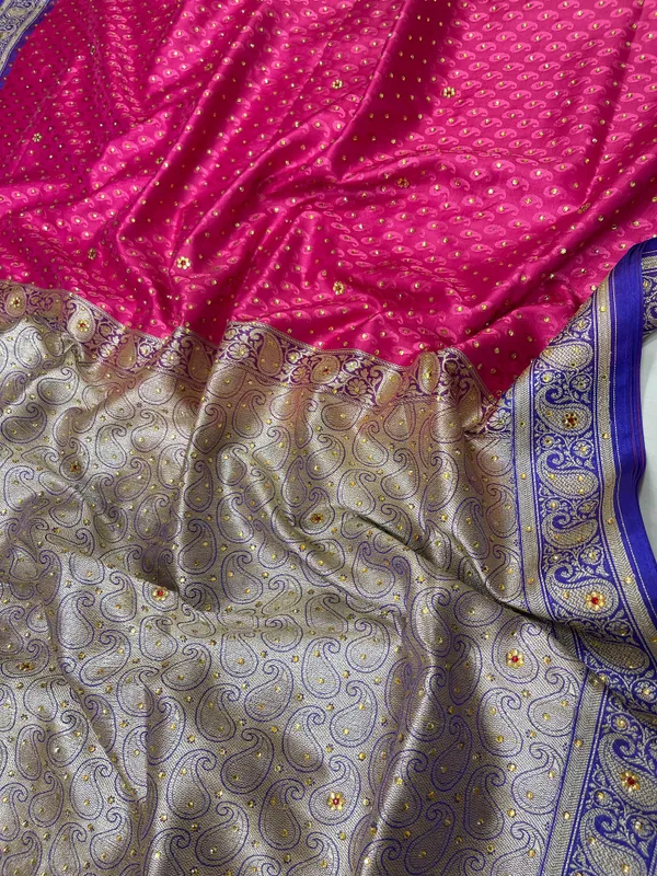 Humairah_Presents_Pink_Tanchoi_Silk_Low_Stone_Work_with_Contrast_Purple_Pallu_Zari_Border_and_Purple_Blouse