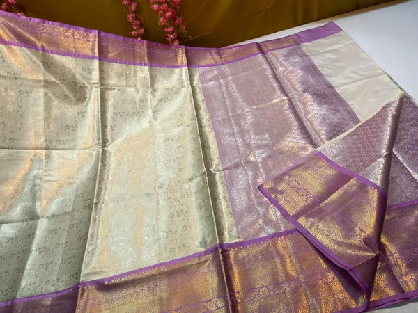 Beige_Kanjeevaram_Soft_Silk_Floral_Jaal_Contrast_Purple_Border_Banarasi_Saree_MS_KS3