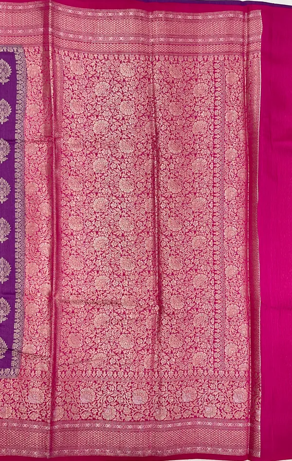 Humairah_Pure_Handloom_Purple_Munga_Silk_Floral_Copper_Zari_Booti_with_Contrast_Magenta_Floral_Jaal_Pallu_Skirt_Zari_Border_with_Magenta_Blouse
