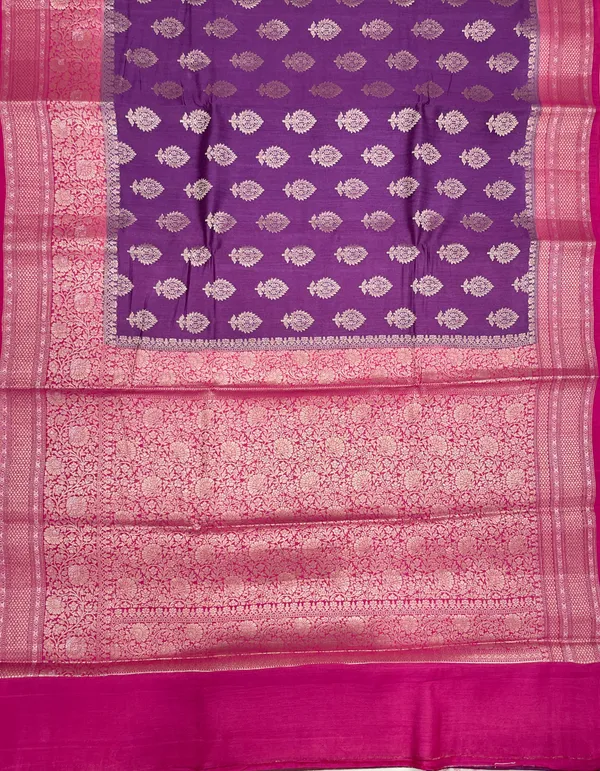 Humairah_Pure_Handloom_Purple_Munga_Silk_Floral_Copper_Zari_Booti_with_Contrast_Magenta_Floral_Jaal_Pallu_Skirt_Zari_Border_with_Magenta_Blouse