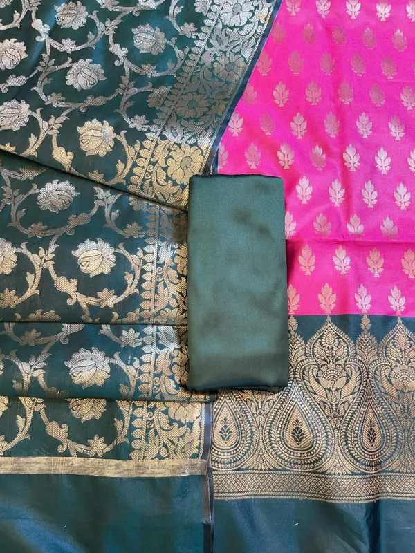 Pink_Art_Silk_Floral_Zari_Booti_Contrast_Banarasi_Suit_with_Darkgreen_Dupatta_625AJ_TPT5
