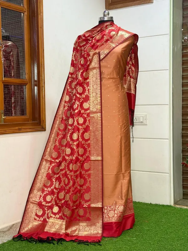 Orange_Katan_Silk_Chunri_Zari_Booti_Contrast_Border_Banarasi_Suit_with_Red_Zari_Jaal_Dupatta_800SKL_KSP22