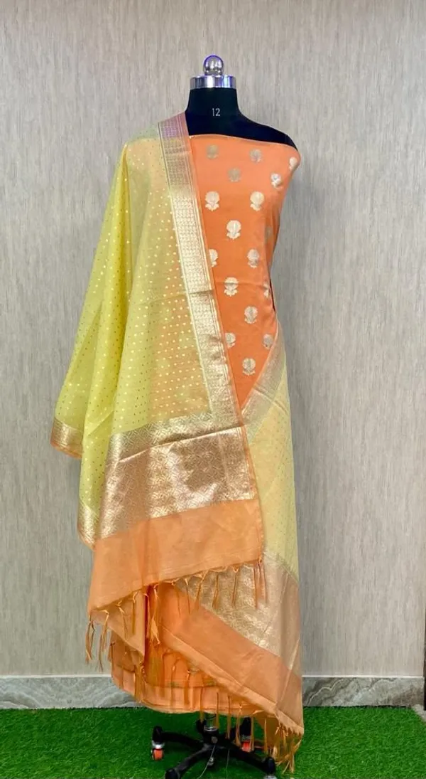 Orange_Pure_Mercerise_Lorex_weave_Contrast_Yellow_Dupatta_Banarasi_Suit_1200SKL_PML10