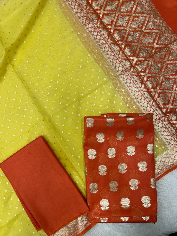 Orange_Pure_Mercerise_Lorex_weave_Contrast_Yellow_Dupatta_Banarasi_Suit_1200SKL_PML10