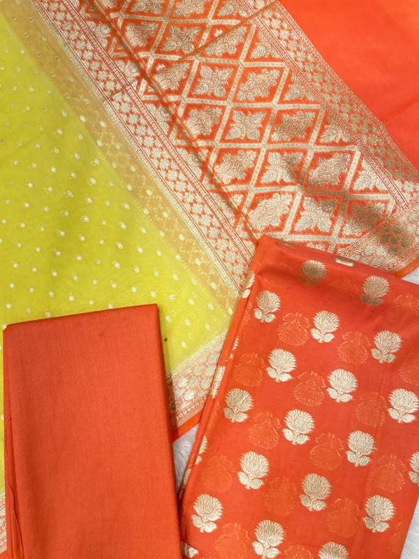 Orange_Pure_Mercerise_Lorex_weave_Contrast_Yellow_Dupatta_Banarasi_Suit_1200SKL_PML10