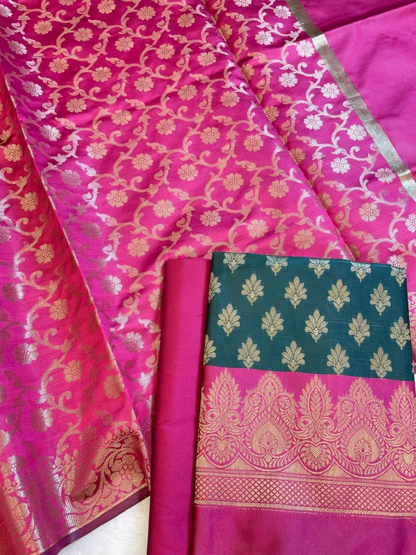 Darkgreen_Art_Silk_Floral_Zari_Chunri_Booti_Contrast_Banarasi_Suit_with_Magenta_Dupatta_625AJ_TPT34