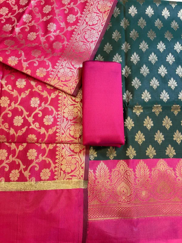 Darkgreen_Art_Silk_Floral_Zari_Chunri_Booti_Contrast_Banarasi_Suit_with_Magenta_Dupatta_625AJ_TPT34