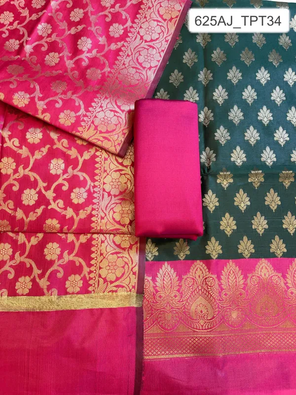 Darkgreen_Art_Silk_Floral_Zari_Chunri_Booti_Contrast_Banarasi_Suit_with_Magenta_Dupatta_625AJ_TPT34