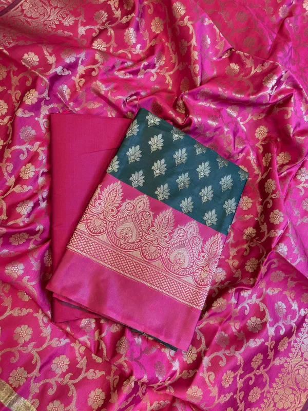 Darkgreen_Art_Silk_Floral_Zari_Chunri_Booti_Contrast_Banarasi_Suit_with_Magenta_Dupatta_625AJ_TPT34