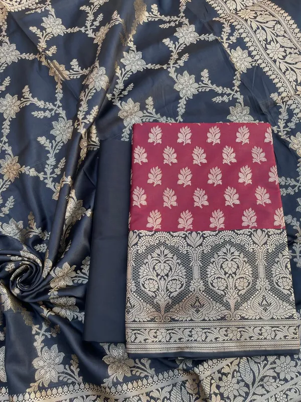 Red_Semi_Silk_Floral_Zari_Banarasi_Suit_with_Contrast_Black_Border_&_Floral_Jaal_Dupatta_78ASD_KS5
