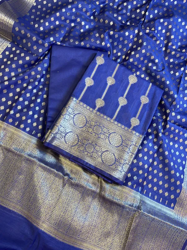 Navy_Blue_Mercerise_Cotton_Floral_Stripe_Zari_with_Chunri_Booti_Dupatta_Banarasi_Suit_Set