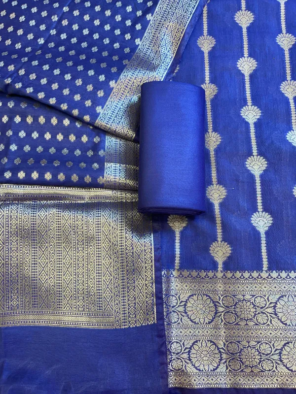 Navy_Blue_Mercerise_Cotton_Floral_Stripe_Zari_with_Chunri_Booti_Dupatta_Banarasi_Suit_Set