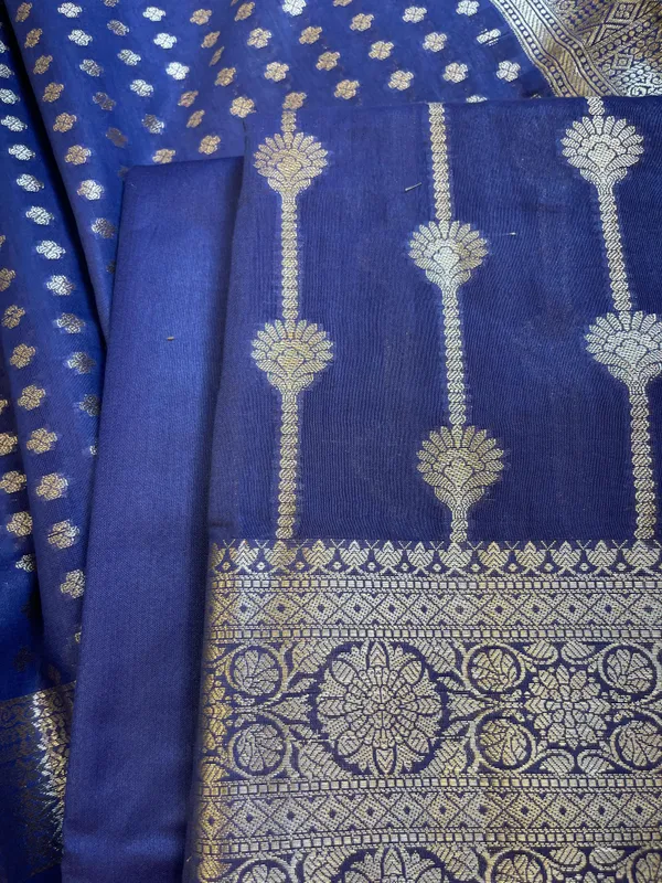 Navy_Blue_Mercerise_Cotton_Floral_Stripe_Zari_with_Chunri_Booti_Dupatta_Banarasi_Suit_Set