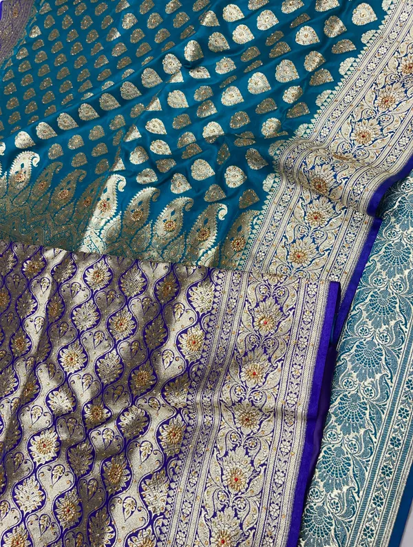 Humairah_Presents_Seagreen_Satin_Silk_Floral_Zari_Boota_Low_Stone_Work_Banarasi_Saree_with_Contrast_Purple_Pallu_and_Purple_Blouse
