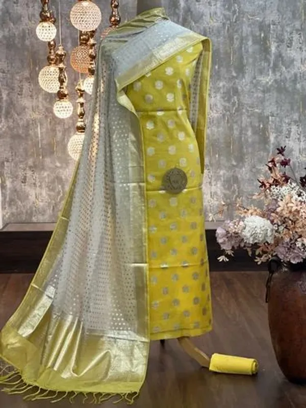 Yellow_Mercerised_Lorex_Weave_Booti_With_Off-White_Dupatta_Banarasi_3_Pcs_Suit_Set_Skl_Pml6
