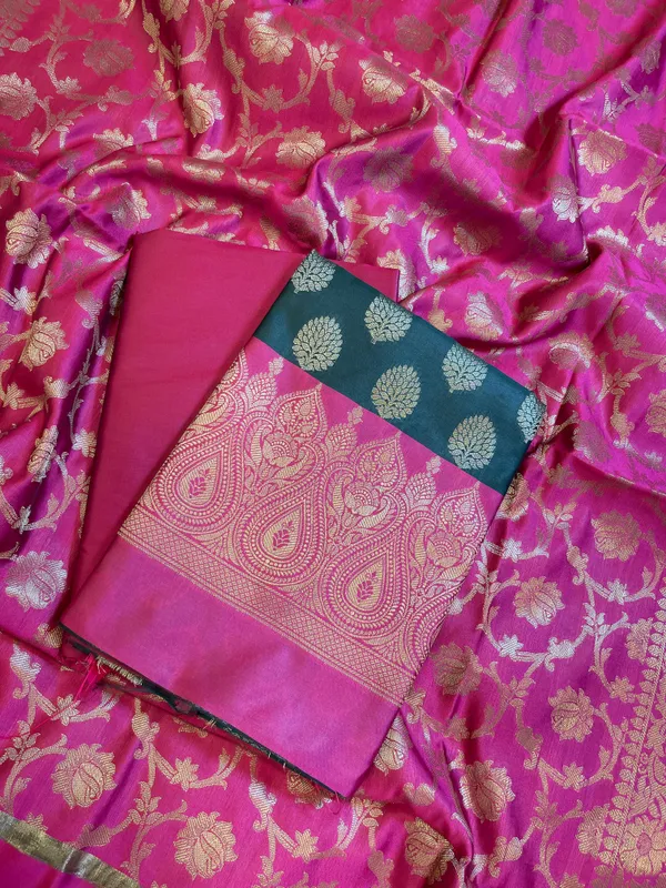 Darkgreen_Art_Silk_Floral_Zari_Boota_Contrast_Banarasi_Suit_with_Pink_Dupatta_625AJ_TPT8