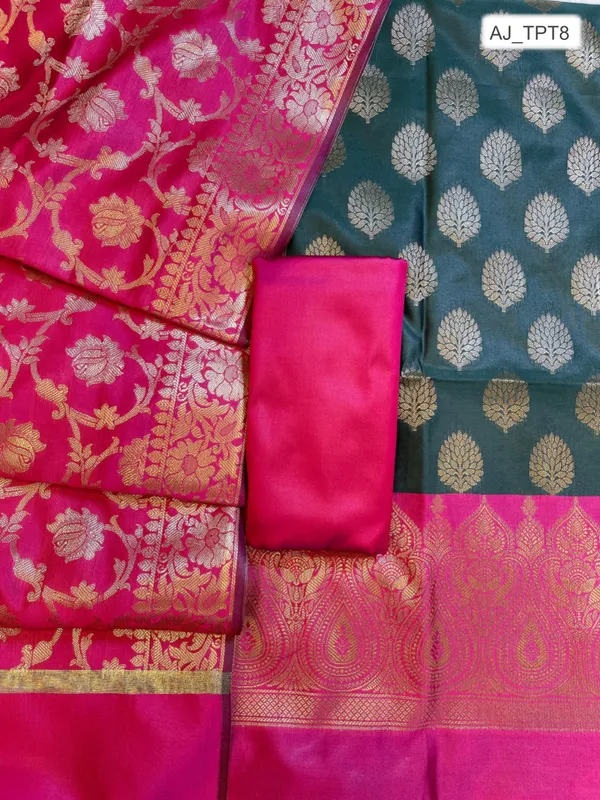 Darkgreen_Art_Silk_Floral_Zari_Boota_Contrast_Banarasi_Suit_with_Pink_Dupatta_625AJ_TPT8
