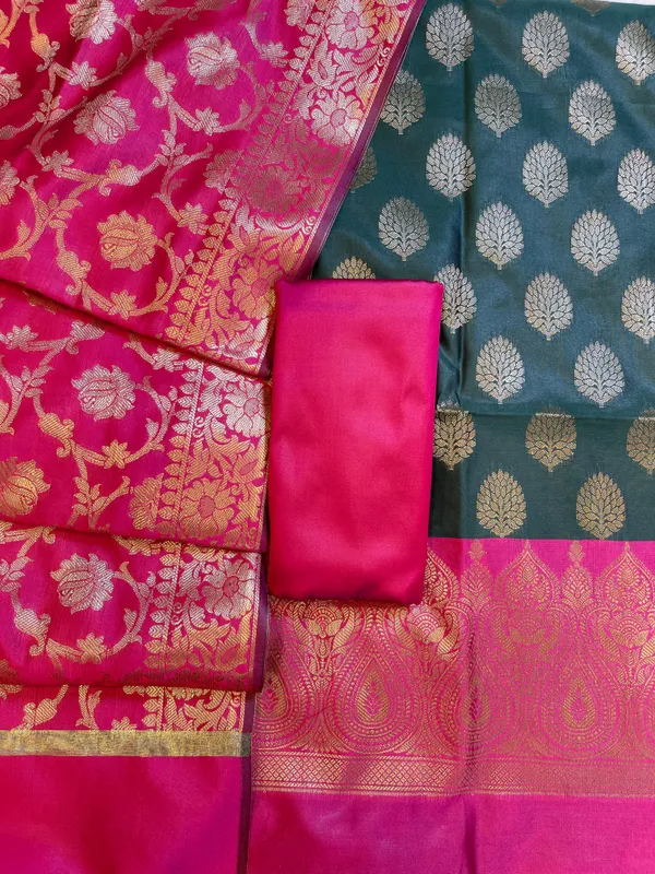 Darkgreen_Art_Silk_Floral_Zari_Boota_Contrast_Banarasi_Suit_with_Pink_Dupatta_625AJ_TPT8
