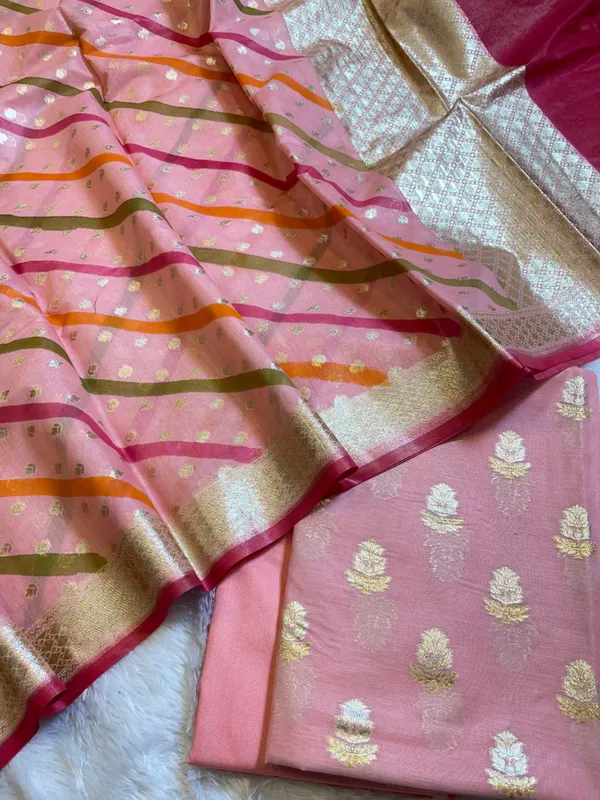 Peach_Pure_Mercerised_Silk_Banarasi_3_pcs_Suit_Set_with_Stripe_Rangkaat_Dupatta_1250SKL_MS3