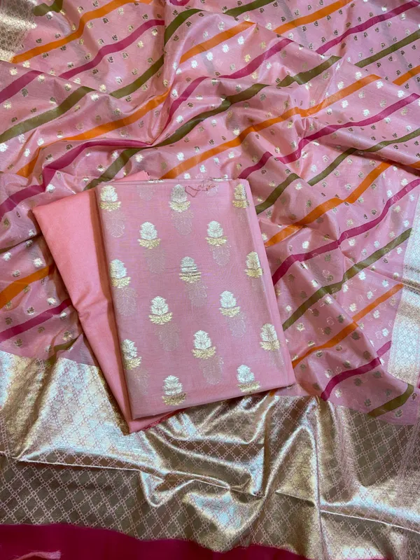 Peach_Pure_Mercerised_Silk_Banarasi_3_pcs_Suit_Set_with_Stripe_Rangkaat_Dupatta_1250SKL_MS3